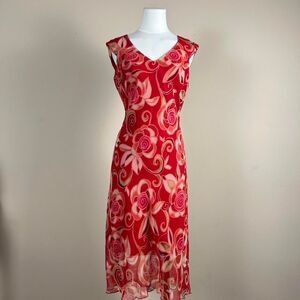 Sangria Red and Orange Fairy 90s does 70s Ruffle Floral Midi Dress